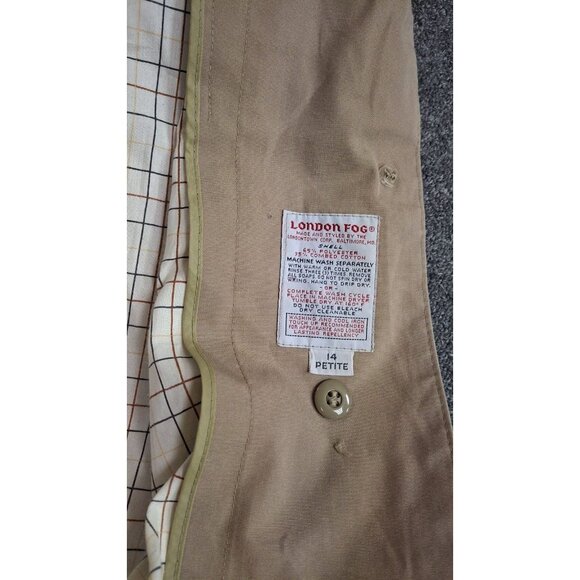 Vintage London Fog Trench Coat Womens 14 Petite Beige Tan Plaid Lined Belted - Picture 2 of 3